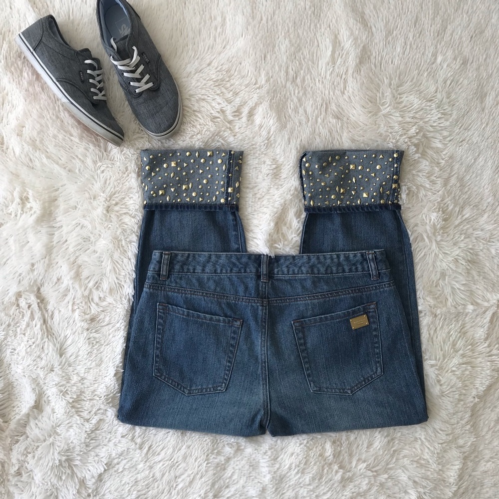 Michael Kors sexy boyfriend cropped jean gold studded cuffs high waisted